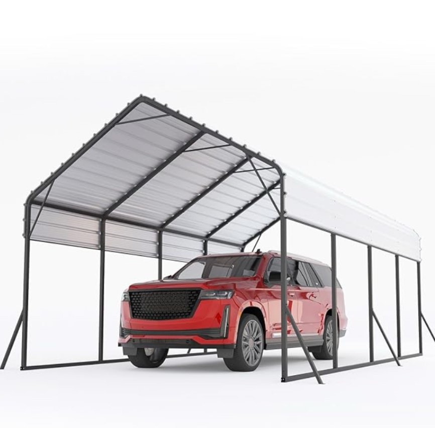 (incomplete box G) 13X26 Ft Carport, Car Port with 200g PE Tarp, Roll-Up Doors, and 4 Windows, for Sedans, Bass Boats, Motos, ATVs, and SUVs, White