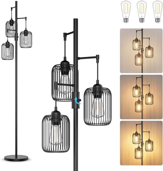 Dimmable Gold Floor Lamp with Cage Shade, Modern Black Floor Lamps for Living Room, Standing Corner Floor Lamp with 3 LED Bulbs, Industrial Floor Lamp with Unique Design Shade, Rustic Floor Lamp for Bedroom, Office , Halloween, Black Friday, Christmas