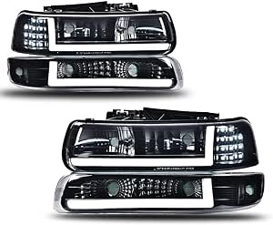 PIT66 LED Headlights, Compatible with 99-02 Chevy Silverado 1500 2500/01-02 Silverado 1500HD 2500HD 3500/00-06 Tahoe Suburban 1500 2500 (LED Modified Style, 2Pcs Smoky) Smoky Lens Black Housing Clear Reflector(LED)