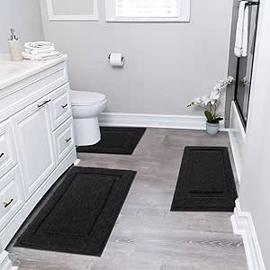 HelloTree 3 Piece Bathroom Shower Rugs with U-Shaped Contour Toilet Mat, Water Absorbent, and Non Slip Shower Bath Rug for Bathroom, Tub, and Shower - 20"x32"++20"x47"+20"x24", Black