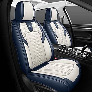 LINGVIDO Blue & White Car Seat Cover - Leather Automotive Seat Covers & Accessories for Full Set, Rear, and Interior Cover Seats for Cars and Trucks.