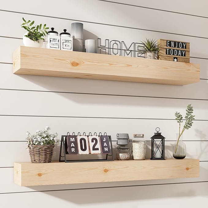 Wall Floating Shelves, Rustic Wood Wall Shelf Handmade (Light Walnut, 24 Inch - 2 Pack)