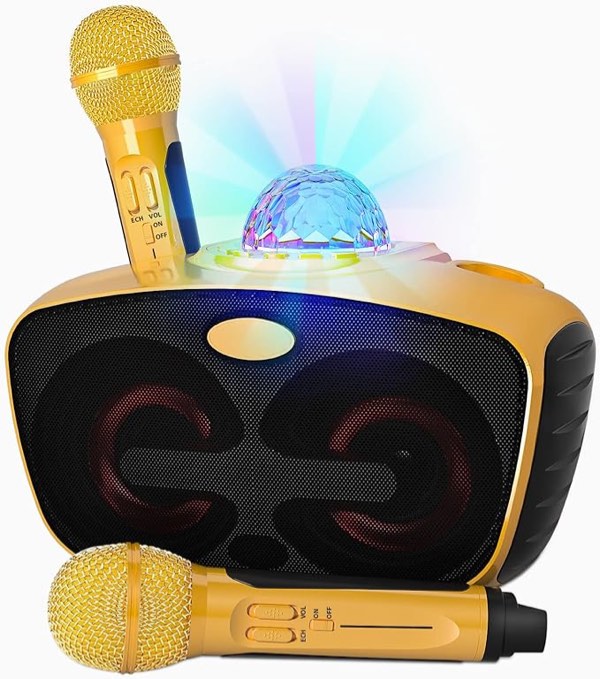 Bluetooth Karaoke Machine with 2 Wireless Microphones,SINWE Portable PA Speaker System with Disco Ball and Party Lights, for Adults and Kids,Wedding, Church, Picnic, Outdoor/Indoor [Gold]
