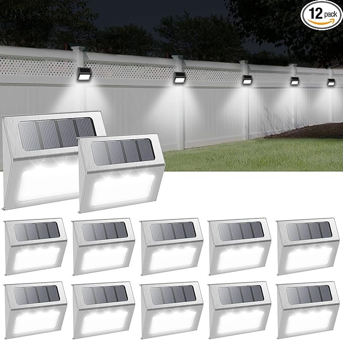 Solar Powered Step Lights,12 Pack Solar Deck Step Lights Outdoor, Stair Lights Waterproof for Driveway, Fence, Patio, Garden, Pathway, Cold White (Black)
