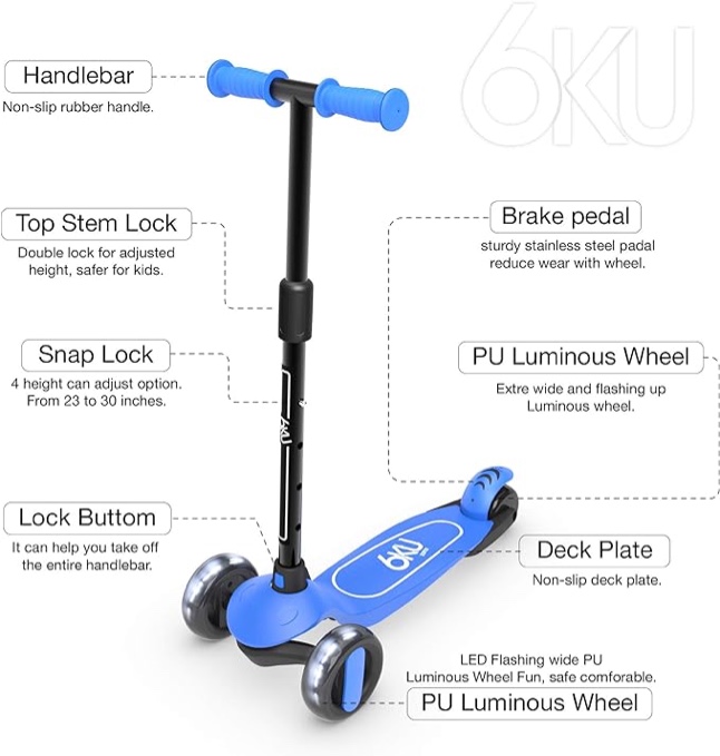 6KU Scooter for Kids Ages 3-5 with Flash Wheels, Kids Scooter 4 Adjustable Height, Toddler Scooter Extra-Wide PU LED Wheels, 3 Wheel Scooter for Kids for Girls & Boys Learn to Steer… blue