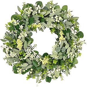 Green Eucalyptus Leaf Wreath, Vlorart 24 Inch Artificial Spring Summer Wreaths for Front Door Decor Boxwood Wreath with Big Berries, Farmhouse Greenery Wreath Outside Year Round - Indoor/Outdoor