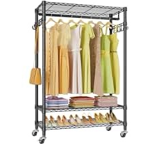 Fishat Simple Standard Double Rod Clothing Metal Garment Rack for Hanging Clothes, Rolling Clothes Organizer on Lockable Wheels Mobile (Black)