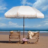 Funsite 7.5Ft Patio Beach Umbrella with Fringe, Tassel Umbrella UPF50+ with Push Botton Tilt & Crank, Holiday Outdoor Umbrella with Carry Bag Ideal for Garden, Lawn, Deck, Yard&Pool, White C25