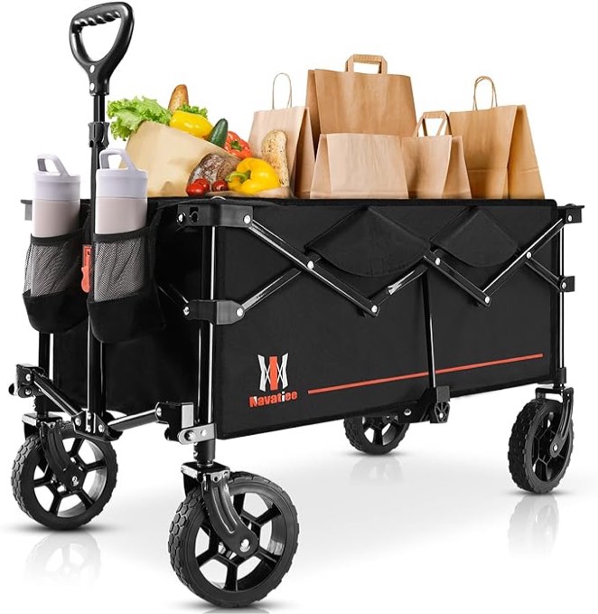 Navatiee Collapsible Folding Wagon, Wagon Cart Heavy Duty Foldable with Two Drink Holders, Utility Grocery Wagon for Camping Shopping Sports, S2, Black