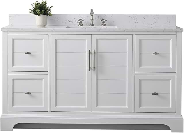 60 Inch Bathroom Vanity with Sink & Ceramic Top, Single Vanity Cabinet with Basin, Soft-Closing Doors, Backsplash, White
