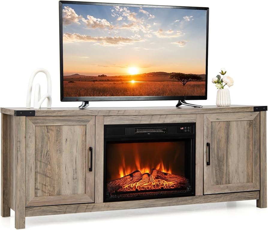 ( Similar ) OKD Fireplace TV Stand for up-to-80 TV, Farmhouse 36" Tall Entertainment Center with 42" Electric Fireplace, Media Console with Glass Door Cabinets & Drawers for Living Room, Antique Brush White