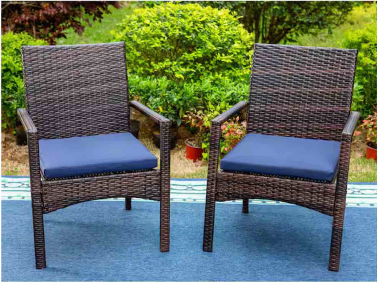 Black Rattan Metal Patio Outdoor Dining Chair with Blue Cushion (2-Pack)