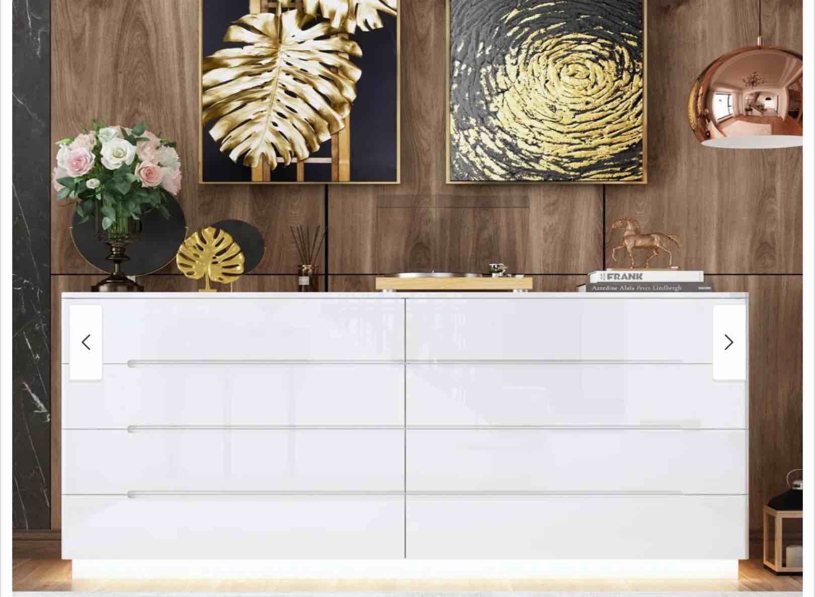 High Gloss Dresser With Light Chest w/8 Drawers&Spacious Tabletop