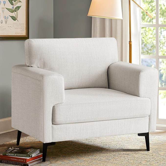 Mid-Century Accent Chair,Modern Linen Fabric Armchair for Living Room Beige