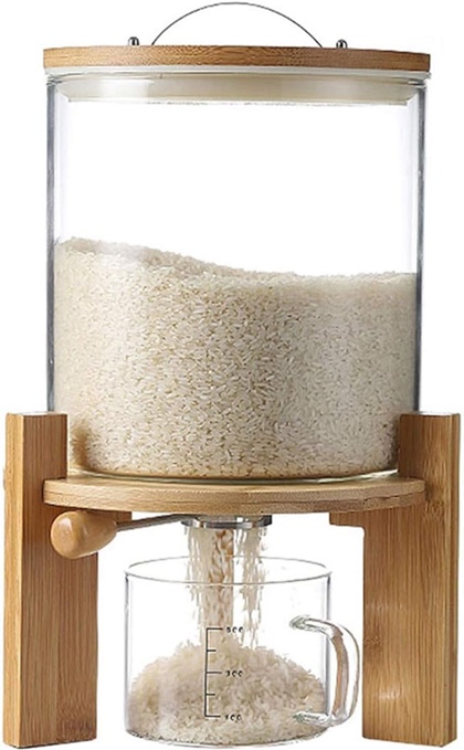 Flour and Cereal Container, 5L/8L, Rice Dispenser, Creative Glass Food Storge Container for Kitchen Organization and Pantry Store, Airtight Lid and Wooden Stand8L