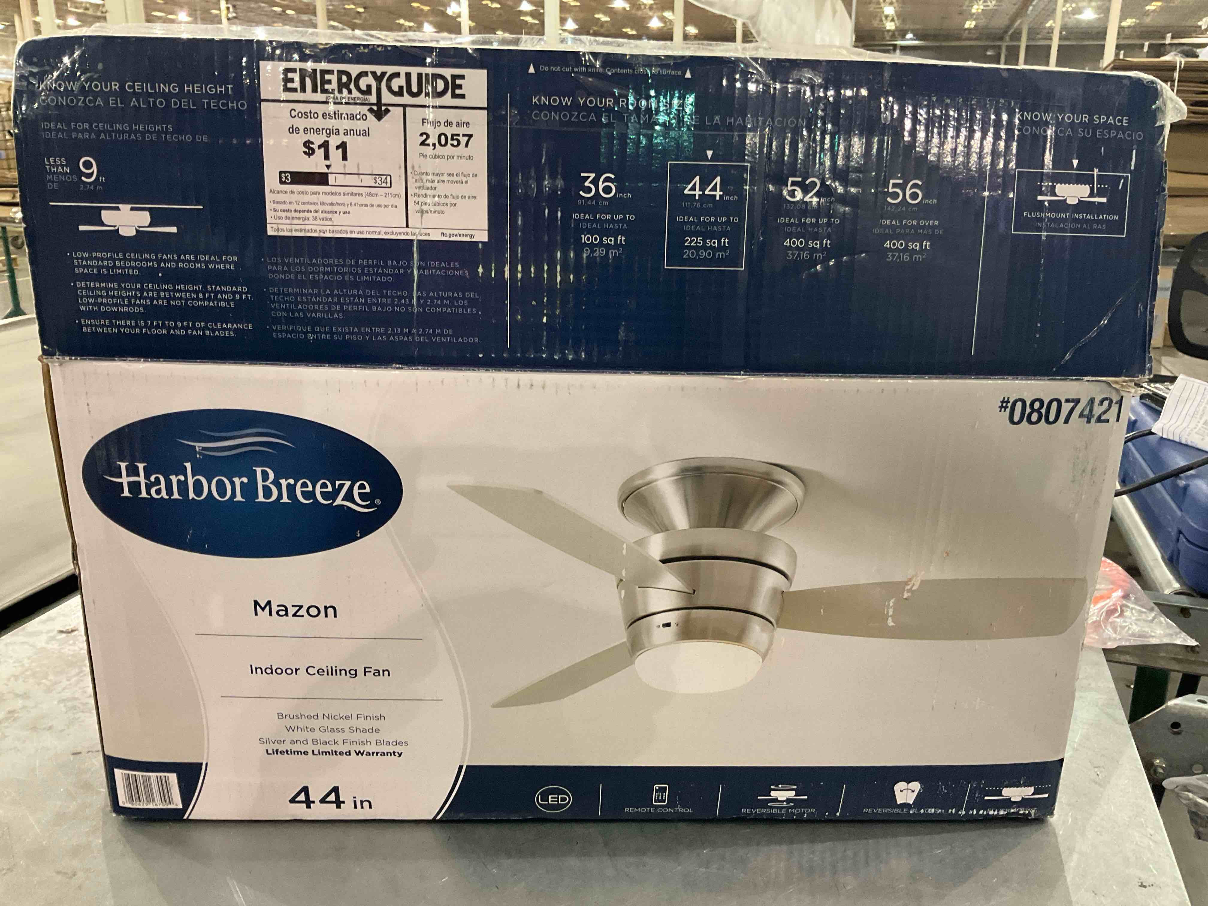 Harbor Breeze Mazon 44-in Brushed Nickel Flush Mount Indoor Ceiling Fan with Light Kit and Remote (3-Blade)