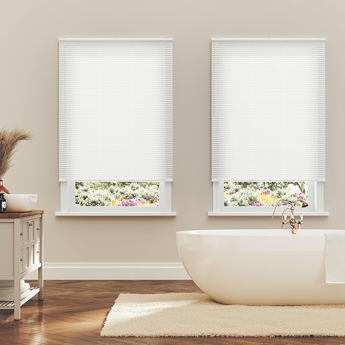 Vinyl Mini Blinds 1-Inch Cordless Light Filtering Blind for Windows - Starting at $15.99 - (Over 400 Custom Sizes) Vinyl Blinds, Mini Blinds, Window Blinds Cordless, White - 20" W x 36" H