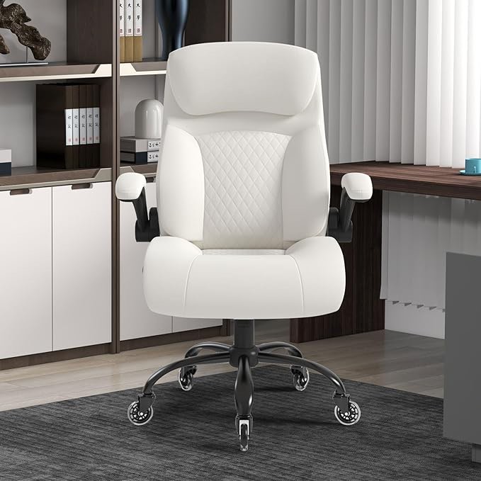 Excebet Desk Office Chair, Big Hich BackS.hair, Pleatn Chair, Managerial Executive Office Chair with Lum Armrest Chairs (White).