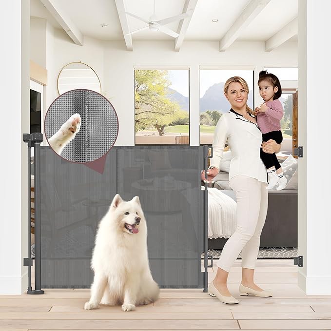 Reinforced 41 Inch Extra Tall Retractable Baby Gate 55" Wide Mesh Baby Gate Retractable Pet Gate with Support Rods – Prevents Crawling Under, Indoor Retractable Gate Outdoor Extra Tall Pet Gate, Gray