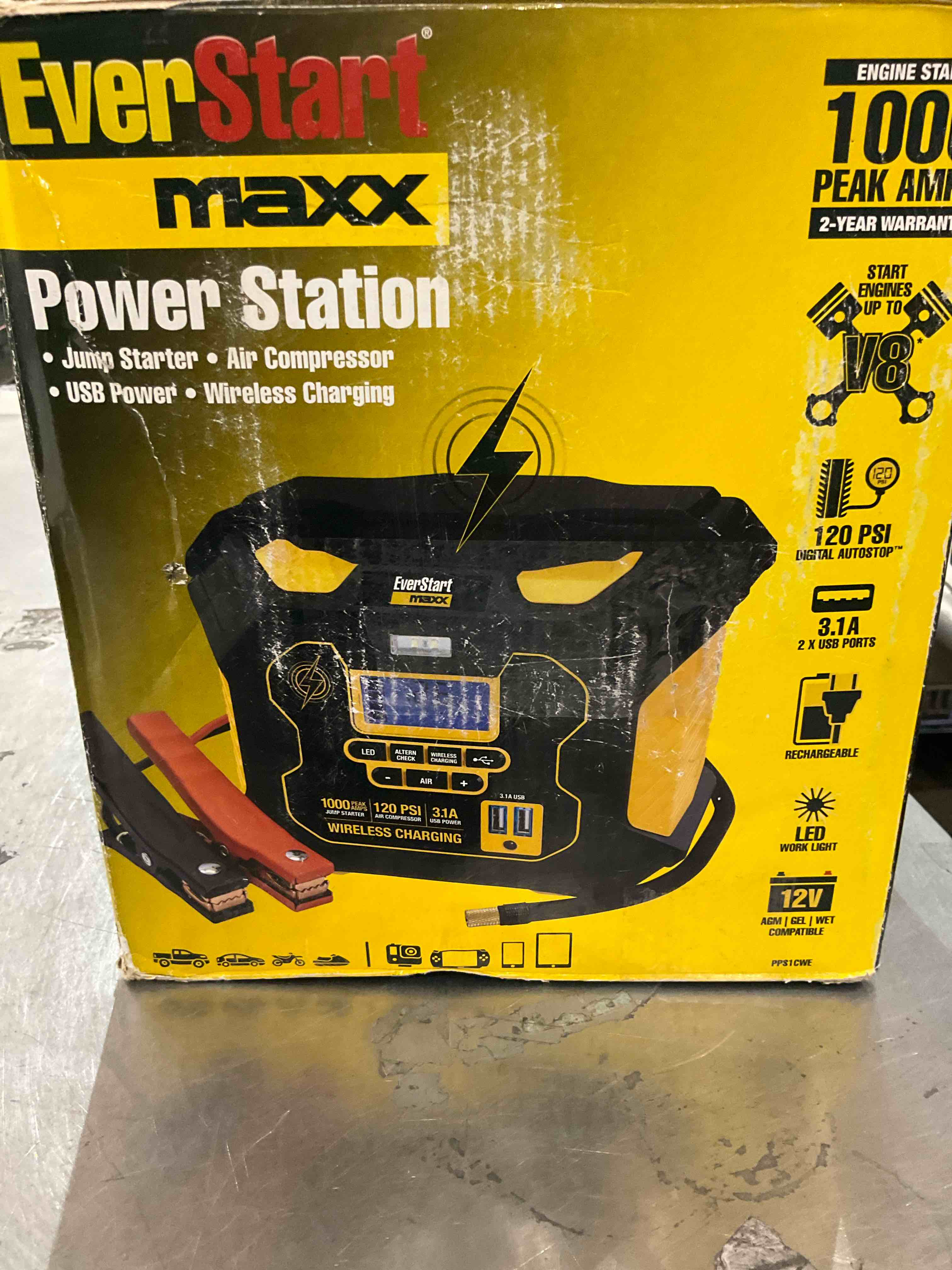 1000 Peak Amp Power Station with Jump Starter, 120 PSI Compressor, Wireless Phone Charging and USB Ports