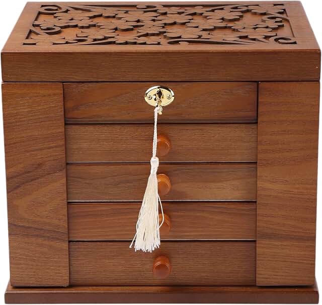 Changsuo Wooden Jewelry Box for Women, Solid Wood Organizer with Combo Lock for Jewelries, Necklaces, Rings, Vintage Style Storage Box with Mirror (Cherry)