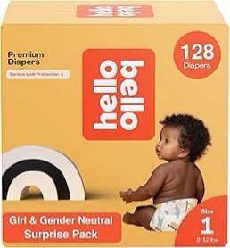 (incomplete)Hello Bello Premium Diapers, Size 1 (8-12 lbs) Surprise Pack for Girls - 128 Count, Hypoallergenic with Soft, Cloth-Like Feel - Assorted Girl & Gender Neutral Patterns