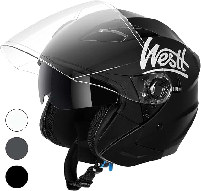 Westt Open Face Motorcycle Helmet - Vintage Half Face Helmet with Sun Visor DOT Approved Street Dirt Bike Helmet Moped Vespa - Scooter Helmet for Adult Women Men Rover Black L (22.44-22.84 in)