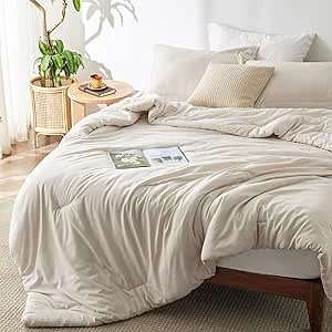 Bedsure Queen Comforter Set - Beige Queen Size Comforter, Soft Bedding for All Seasons, Cationic Dyed Bedding Set, 3 Pieces, 1 Comforter (90"x90") and 2 Pillow Shams (20"x26"+2")