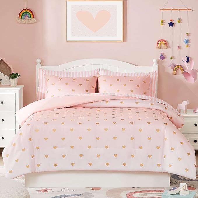 Queen Comforter Set with Sheets for Girls-7 Pieces Queen Bedding Sets with Pink Comforter, Sheets, Pillowcases & Shams for Kids (Pink Gold Heart, 90" X 90")