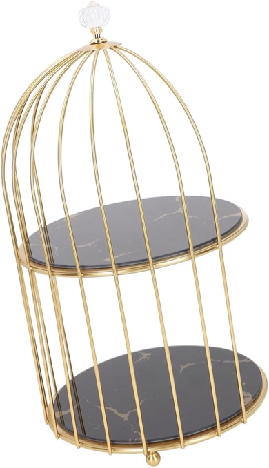 Double Layer Storage Shelf Bird Cage Organizer Display Rack for Bathroom Countertop Dressing Table Gold Frame (Black Base Gold Pattern)