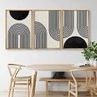 Spiral Parabolas & Solid Semi Circle Modern Neutral Black Wall Art Framed On Canvas 3 Pieces Print