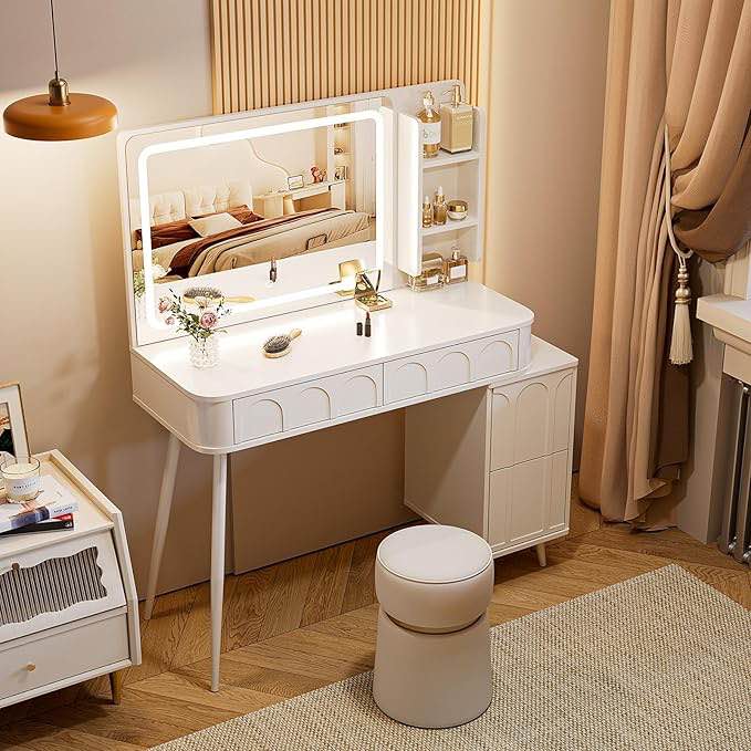 Makeup Vanity Desk with Lights and Mirror,Modern Make Up Vanity Table with lighted mirror and 4 drawers, Large Dressing Vanity Set with Charging Station for Bedroom, 3 Color Lighting Modes, White
