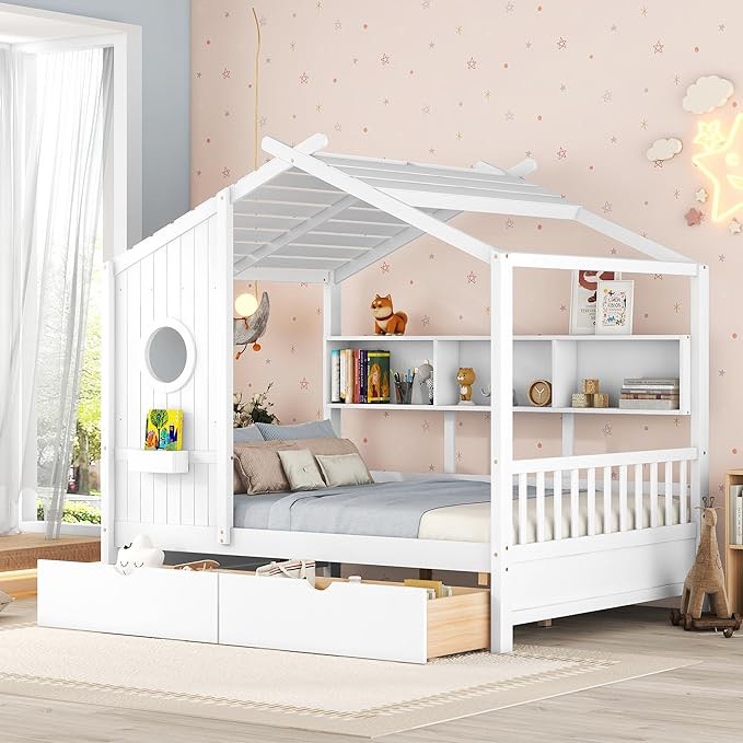 (incomplete- box 2/2) Full House Bed with 2 Drawers and Storage Shelves, Full Montessori Bed, Kids Full Platform Bed Frame with Roof, Tent Bed, Solid Wood Playhouse Bed for Kids Teens Girls Boys (white)