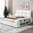 Queen Size Upholstered Platform Bed With Multimedia Nightstand And Shelves