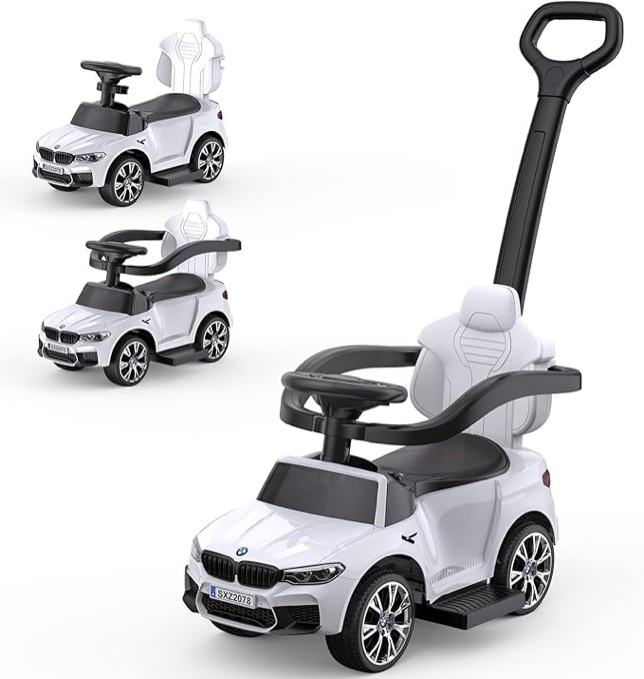 Jojoka 4-in-1 Ride On Cars, Push Cars for Toddlers 1-3 with Horn, Music, Led Lights and Controllable Push Handle (White)