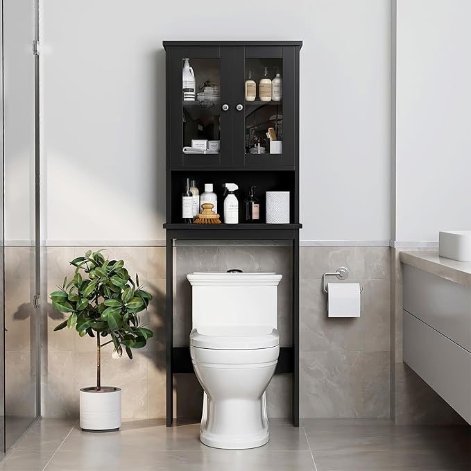 Meilocar Over The Toilet Storage Cabinet for Bathroom, Black Storage Organizer Over Toilet, Space Saver with 2 Tempered Glass Doors, Black