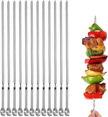 JOMVERL 12PCS Kabob Skewers Flat Metal BBQ Barbecue Skewers 16" Long Hook Style Stainless Steel Shish Kebob Sticks Wide Sharp Reusable Grilling Skewers Set for Meat Shrimp Chicken Vegetable, 12 Pack 16 inch Hook Skewers(12Pack)