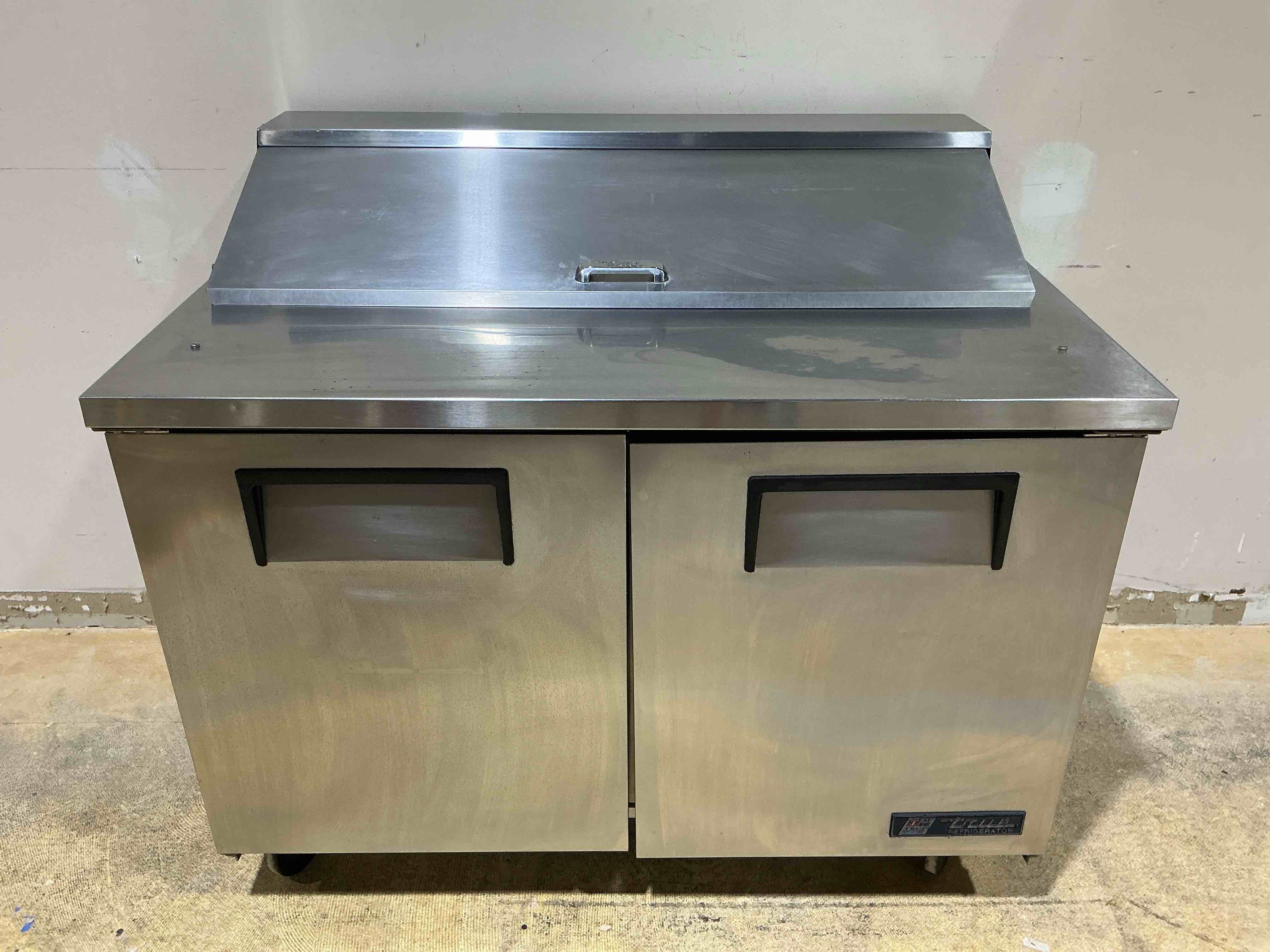 True 48 Inch Stainless Steel 2-Door Refrigerated Sandwich Prep Table On Casters 