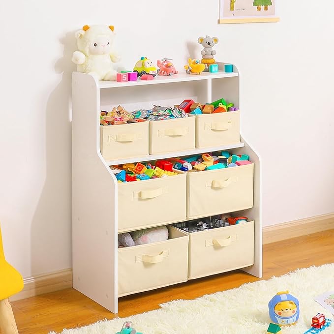Vilaxing Toy Storage Organizer with Kids Toy Shelf and 7 Storage Bins, Kids Bookshelf Book Rack Storage 5 Tiers, Childrens Baby Book Shelf in Study Room Playrooms Nursery for Preschooler Children