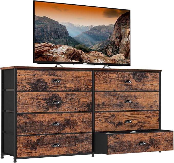 Furnulem 10 Drawer Dresser for Bedroom, Large Dresser for 55'' Long TV Stand Entertainment Center, Storage Organizer for Closet, Living Room, Entryway, Fabric Bins, Wood Top, Metal Frame(Rustic Brown)