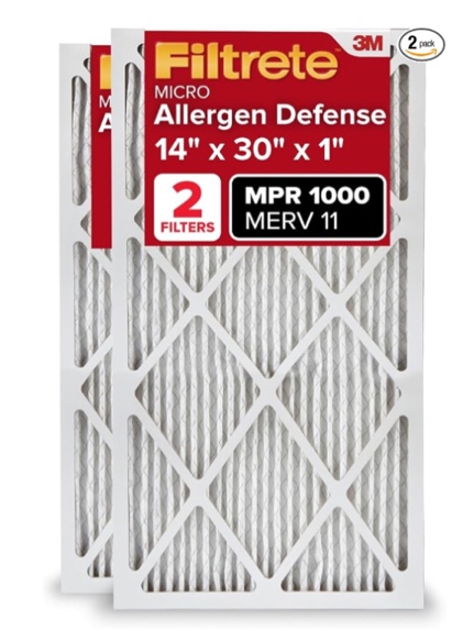 Filtrete 14x30x1 AC Furnace Air Filter, MERV 11, MPR 1000, Micro Allergen Defense, 3-Month Pleated 1-Inch Electrostatic Air Cleaning Filter, 2 Pack (Actual Size 13.81x29.81x0.81 in)