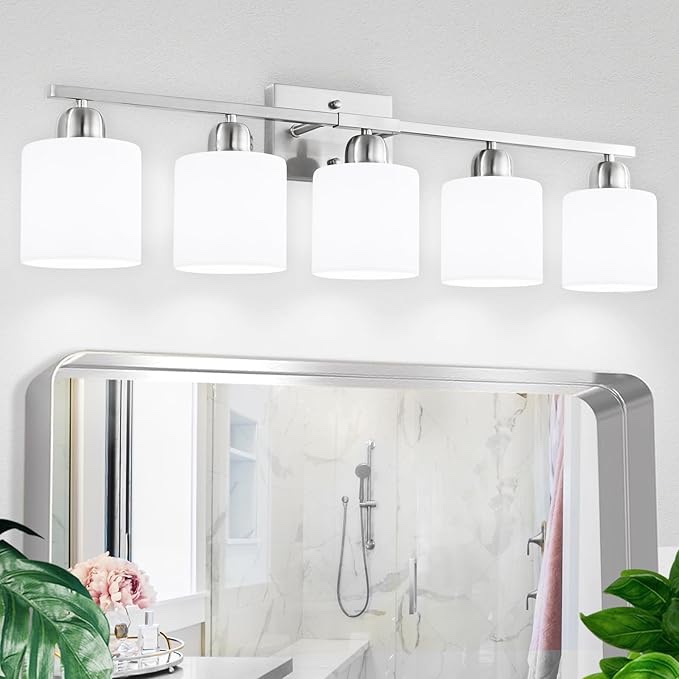 allen + roth Merington 5 Light Brushed Nickel Vanity Light Bar Bathroom Lighting Fixture, 9-in