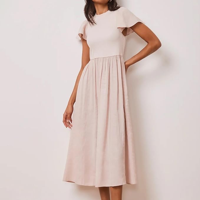 Midi Dress Ruffled Cap Sleeves A-Line dress puffy  Tiered Pleated Casual Dresses