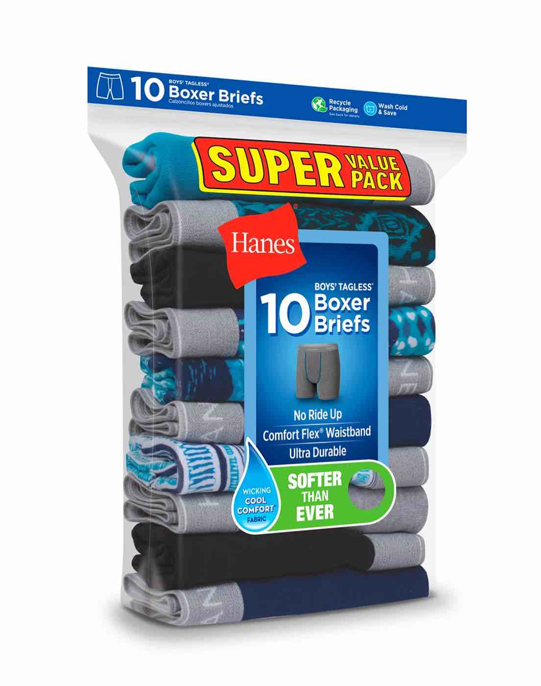 Hanes Comfort Flex Boys' Boxer Brief Super Value Pack, Prints/Solids, 10-Pack