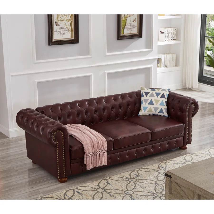 Samrat 88.5" Chesterfield Sofa,Faux Leather Couch Upholstered Sofa with Low Back,Rolled Arm Nailhead Trim Classic 3 Seater Sofa