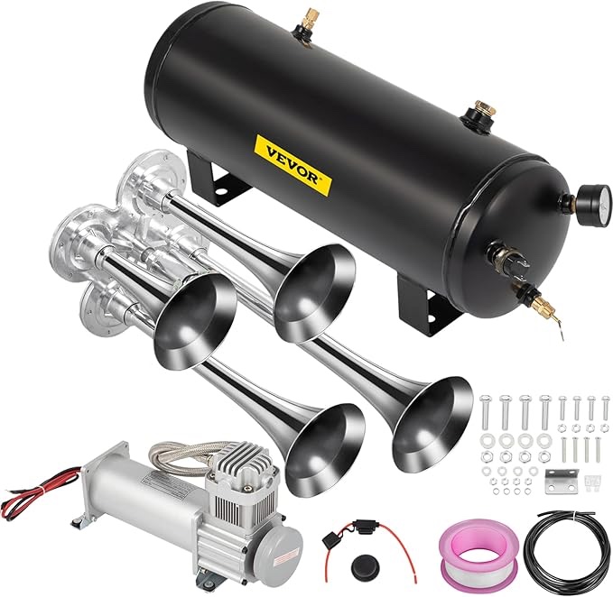 VEVOR Train Horns Kit,150DB 2.6 Gal Train Air Horn Kit, 12V 160PSI Train Horn Complete Kit with 4 Stainless Steel Trumpets for Car Truck, Black