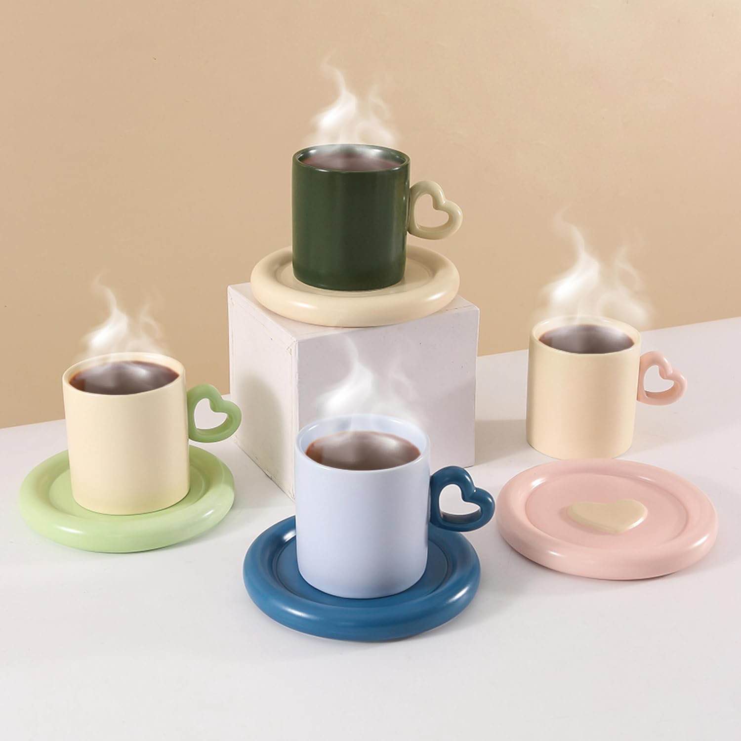 Ceramic Coffe Mug - Creative Cup of Art Aesthetic Mugs - Tea Cup with Extra Wide Loop and Bottom - Unique Handle Design - Chunky Mugs - Dishwasher and Microwave Safe - Trendy Mugs - Set of 4