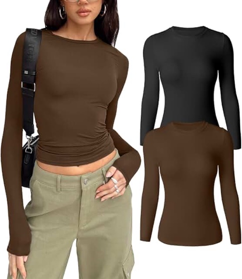 HYZ Women's Casual Long Sleeve Crew Neck Slim Fit Going Out Seamless Two Piece Tops Tshirt