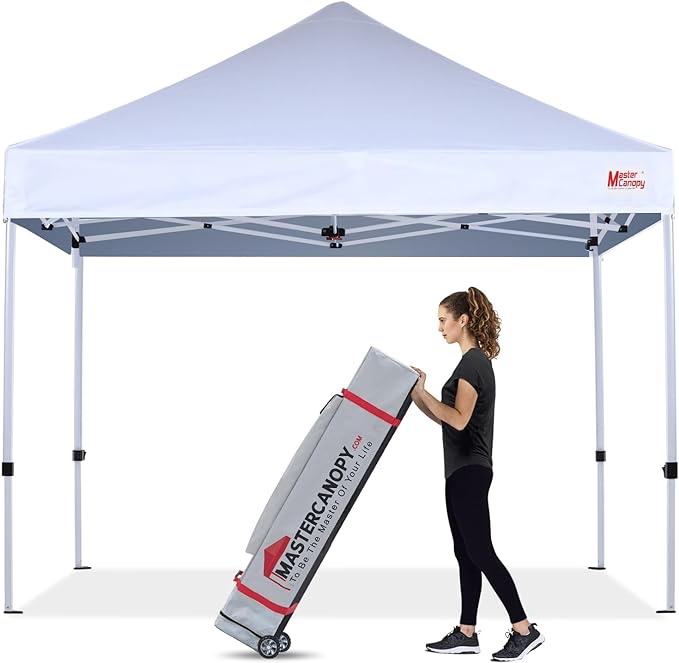 MASTERCANOPY - 10 x 10 ft tent style folding awning, instant mount and for commercial use, with a sturdy wheeled bag and 4 sandbags
