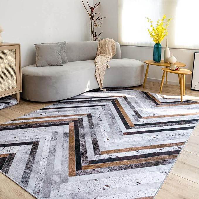 DECOMALL Coronado Washable Area Rugs, Modern Geometric Faux Cowhide Patchwork Rug, Large Carpet for Living Room Bedroom, 9x12ft Multi